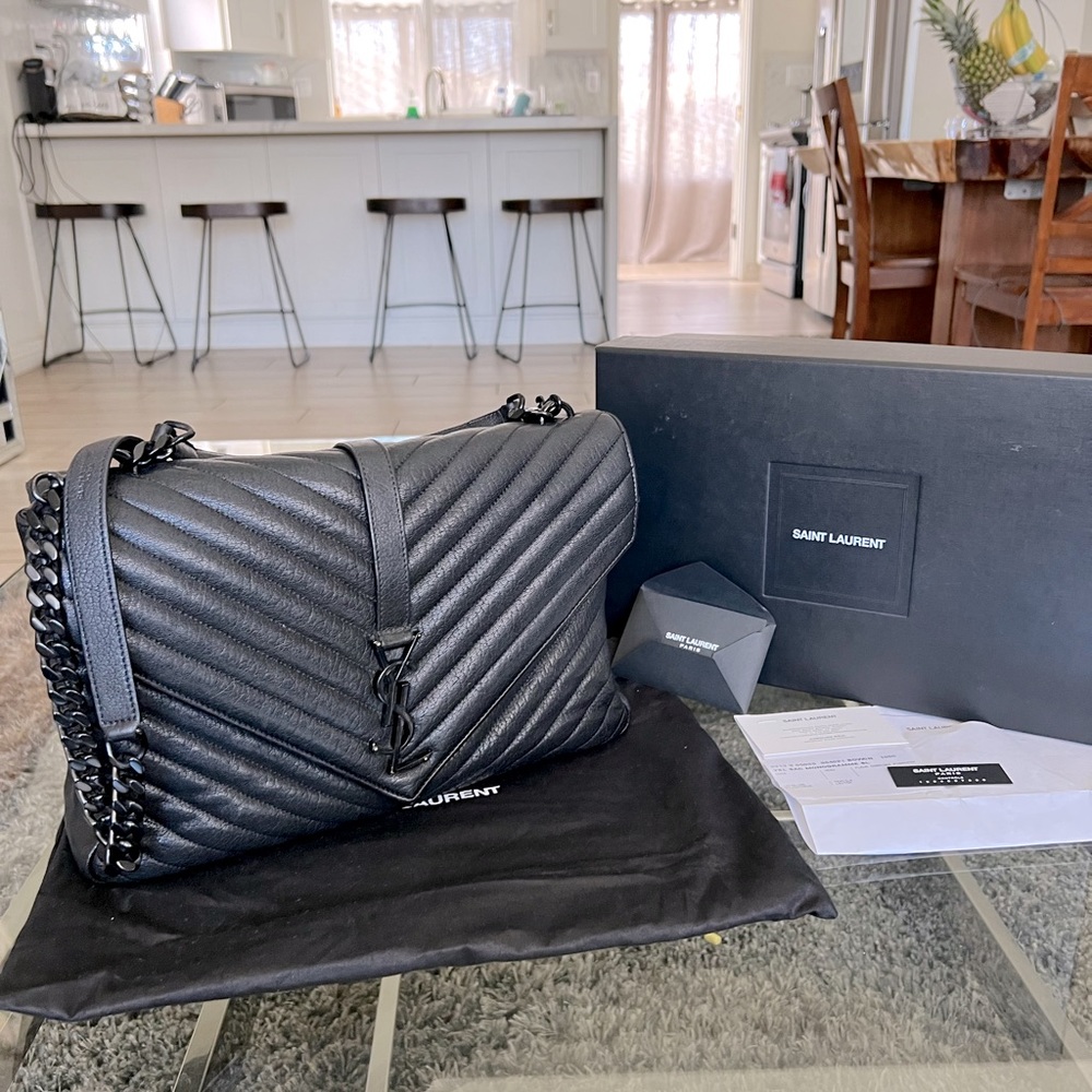 Saint Laurent sheepskin chevron monogram large college satchel black used
